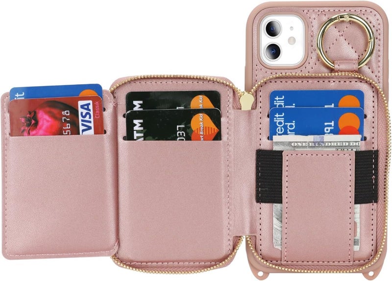 Hamany Crossbody Wallet Case for iPhone 11, PU Leather Zipper Handbag Purse Flip Cover, Kickstand Folio Case with Card Slots Holder Wrist Strap Lanyard 6.1 Inch-Rose Gold - Image 5
